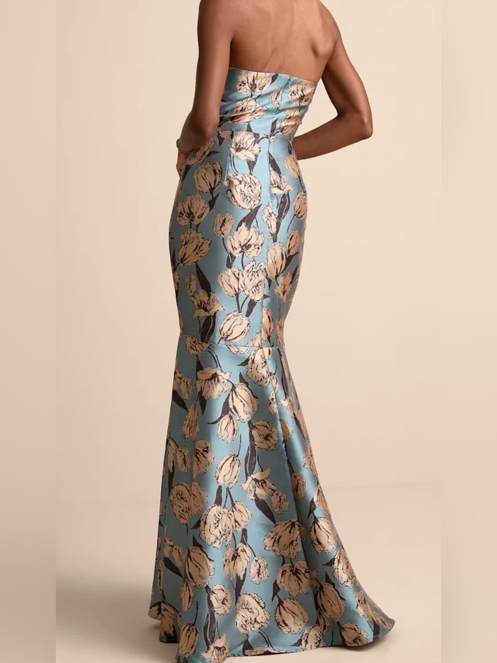 Blue Floral Jacquard soft romantic regency core mermaid fit & flare maxi dress - Picture 9 of 9